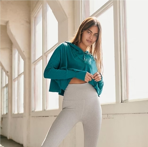 Free People Movement Blissed Out Rib Mock Neck Henley Hoodie in Teal Size Small - Picture 5 of 15